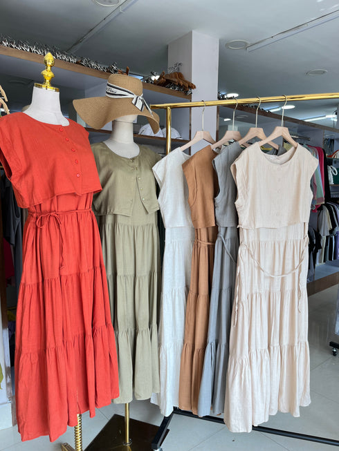 Linen Tiered Sundress With Crop Cardigan Sets